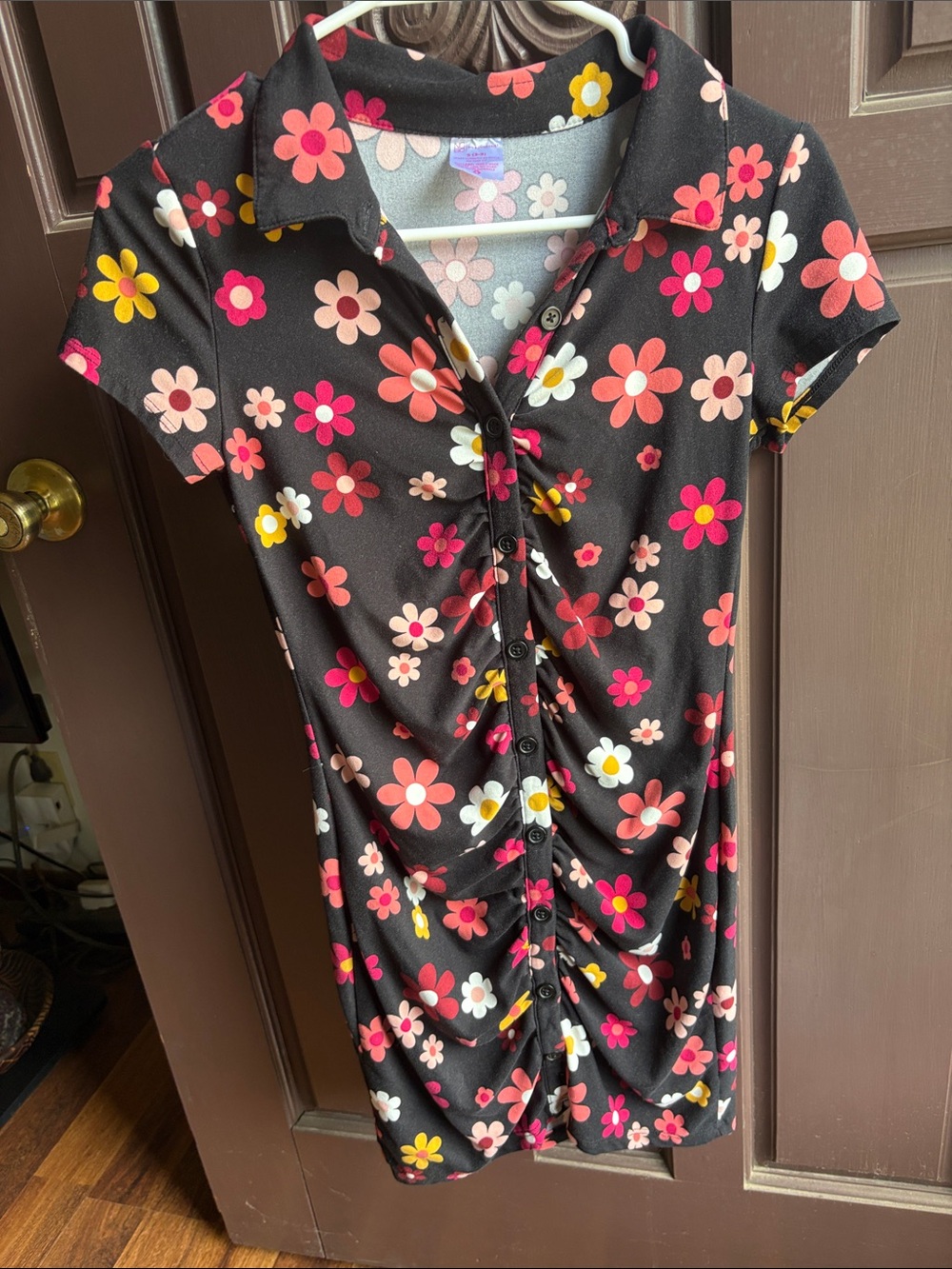 No Boundaries Black Floral Button-Front Dress with Pink & Coral Blossoms